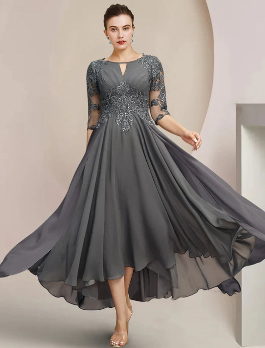 Chic A-Line Scoop Half Sleeve Lace Applique Chiffon High Low Mother of the Bride Dress
