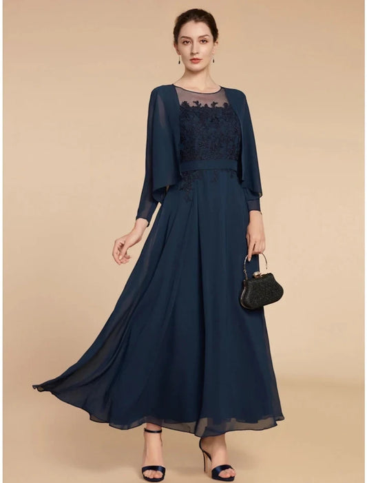 Chic A-Line Scoop Long Sleeve Lace Bodice Chiffon Ankle-Length Mother of the Bride Dress