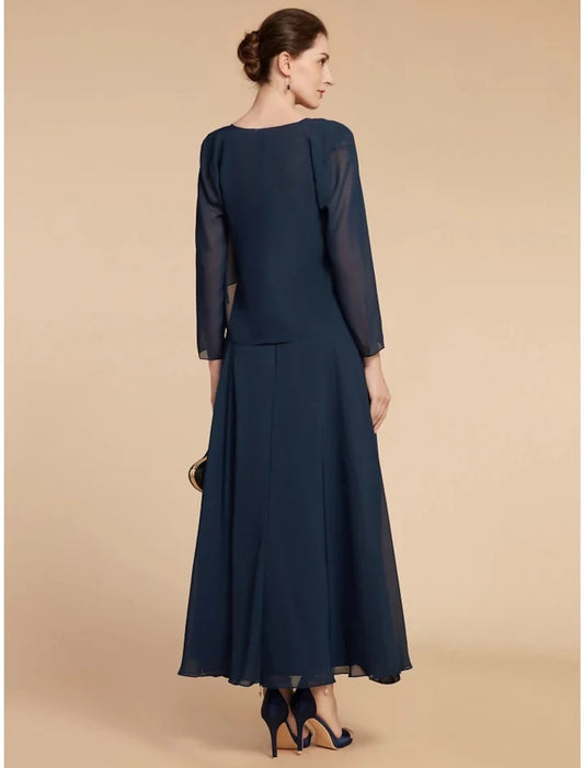 Chic A-Line Scoop Long Sleeve Lace Bodice Chiffon Ankle-Length Mother of the Bride Dress