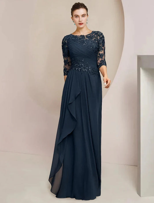 Chic A-Line Scoop Neck 3/4 Sleeve Beaded Lace Chiffon Navy Blue Floor-Length Mother of the Bride Dress