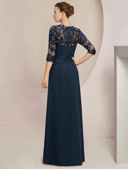 Chic A-Line Scoop Neck 3/4 Sleeve Beaded Lace Chiffon Navy Blue Floor-Length Mother of the Bride Dress