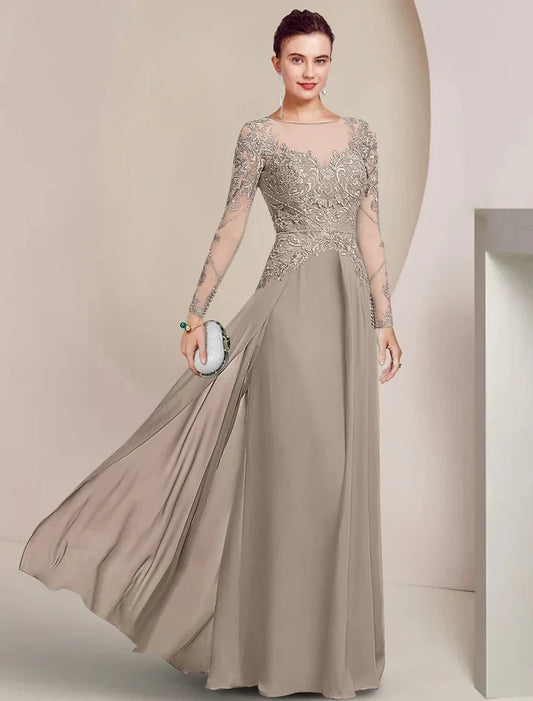Chic A-Line Scoop Neck Long Sleeve Appliqued Chiffon Lace Floor-Length Mother of the Bride Dress