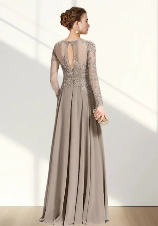 Chic A-Line Scoop Neck Long Sleeve Appliqued Chiffon Lace Floor-Length Mother of the Bride Dress