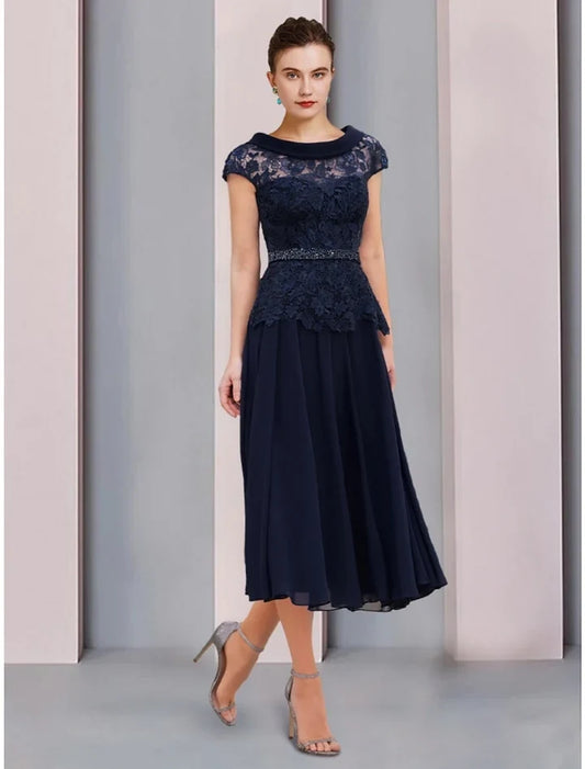 Chic A-Line Scoop Short Sleeve Lace Tea-Length Mother of the Bride Dress