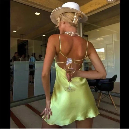 Chic A-Line Spaghetti Straps Sleeveless Cutout Backless Satin Short Homecoming Dress Mini Summer Party Dress