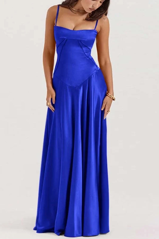 Chic A-Line Spaghetti Straps Sleeveless Elegant Satin Floor-Length Party Dress