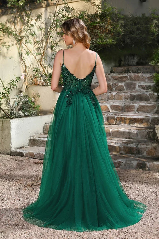Chic A-Line Spaghetti Straps Sleeveless Slit Tulle Floor-Length Prom Dress with Appliques