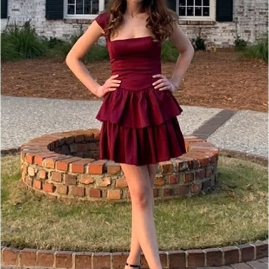 Chic A-Line Square Neck Tiered Ruffle Summer Short Party Homecoming Dress