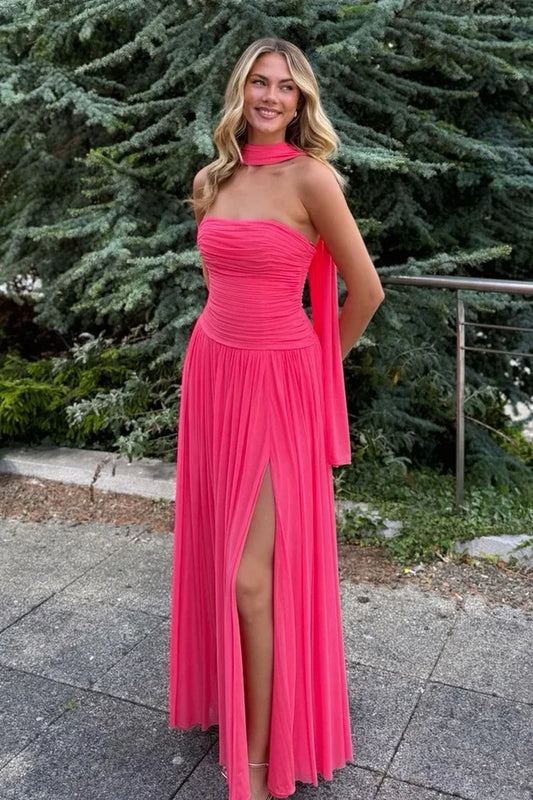 Chic A-Line Strapless Sleeveless Ruched Slit Floor-Length Prom Dress