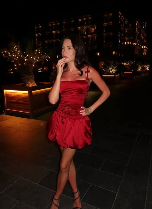 Chic A-Line Straps Sleeveless Ruched Bubble Hem Short Party Homecoming Dress