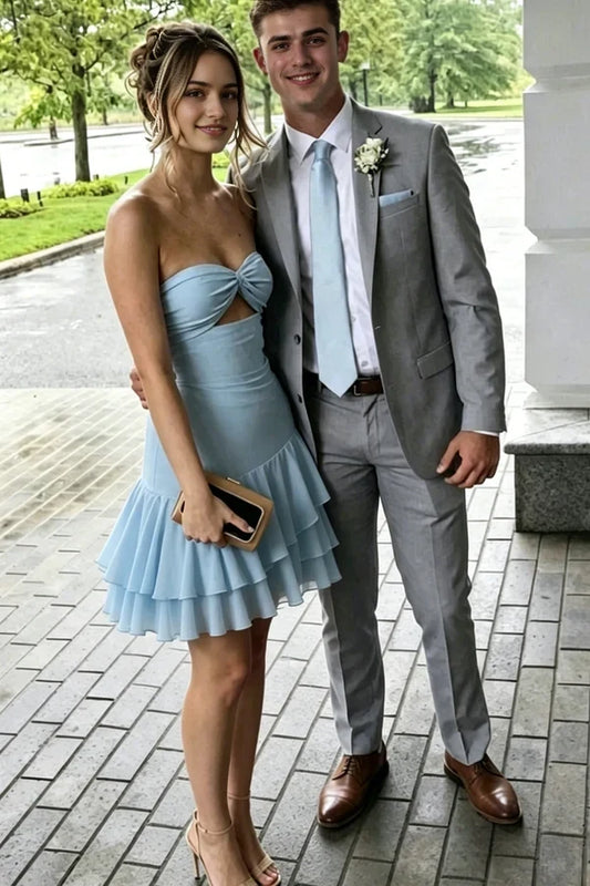 Chic A-Line Sweetheart Neck Strapless Sleeveless Ruffled Hem Mini Summer Short Homecoming Dress
