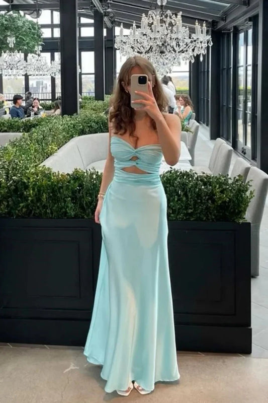 Chic A-Line Sweetheart Sleeveless Cutout Waist Satin Floor-Length Prom Dress