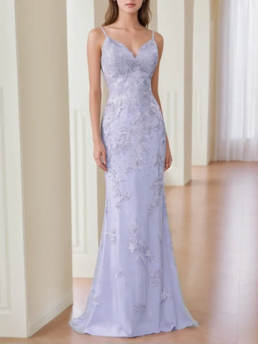 Chic A-Line Sweetheart Sleeveless Lace Applique Backless Lavender Floor-Length Prom Dress