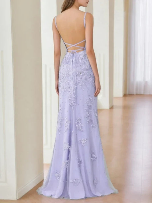 Chic A-Line Sweetheart Sleeveless Lace Applique Backless Lavender Floor-Length Prom Dress