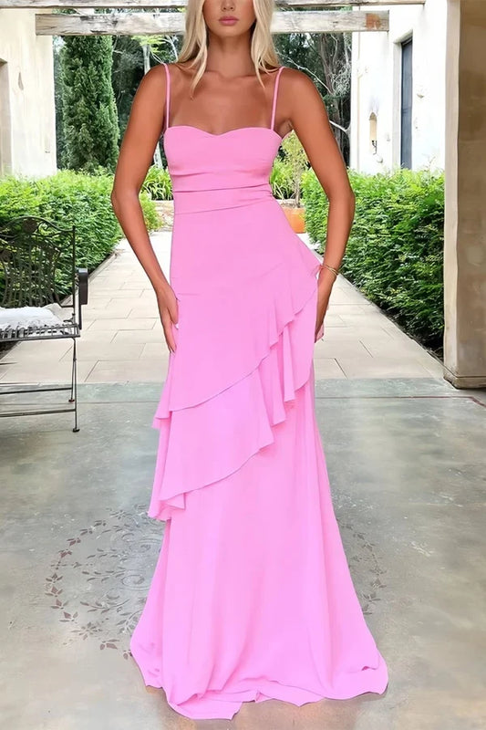 Chic A-Line Sweetheart Sleeveless Ruffled Open Back Chiffon Floor-Length Prom Dress