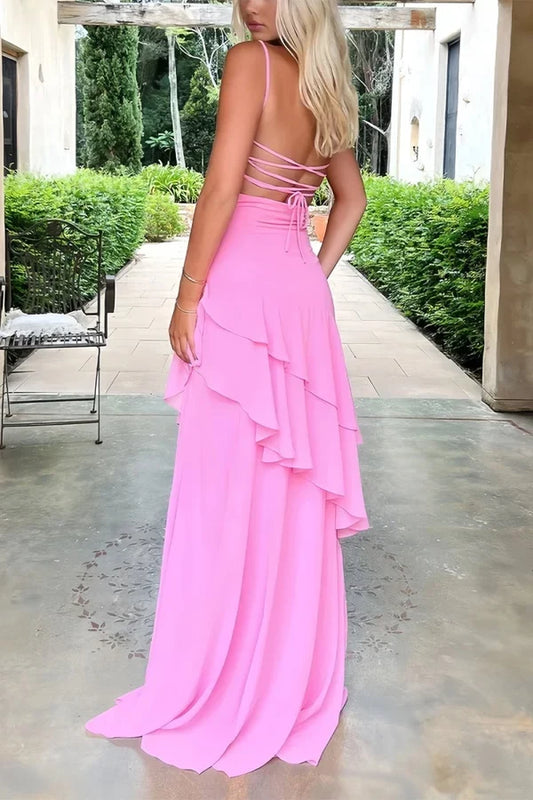 Chic A-Line Sweetheart Sleeveless Ruffled Open Back Chiffon Floor-Length Prom Dress