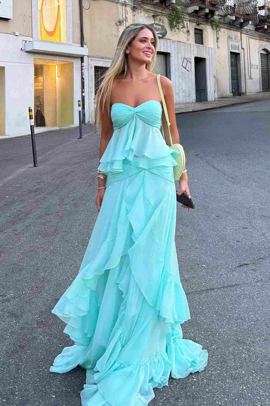 Chic A-Line Sweetheart Sleeveless Ruffled Tiered Chiffon Floor-Length Evening Dress