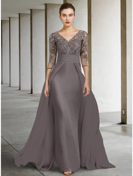 Chic A-Line V-Neck 3/4 Sleeves Lace Bodice Chiffon Floor-Length Mother of the Bride Dress