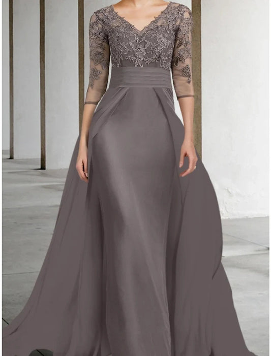 Chic A-Line V-Neck 3/4 Sleeves Lace Bodice Chiffon Floor-Length Mother of the Bride Dress