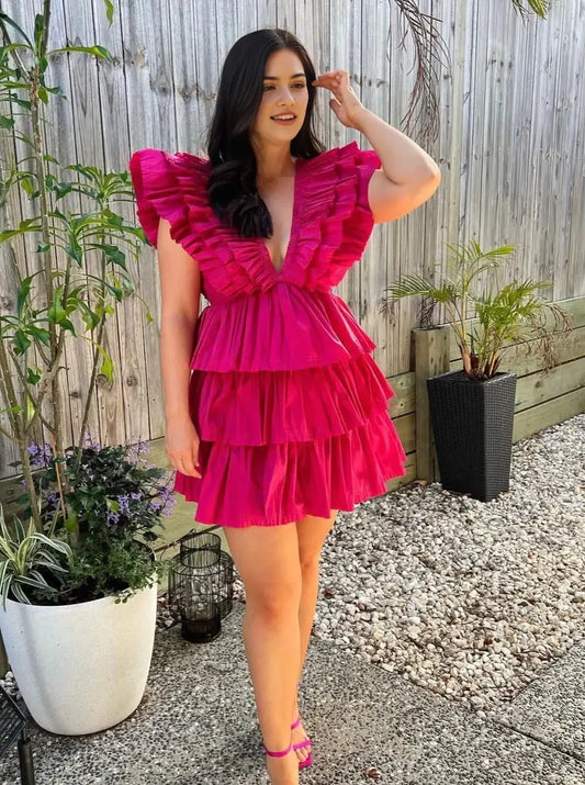 Chic A-Line V-Neck Cap Sleeves Ruffled Tiered Short Party Homecoming Dress