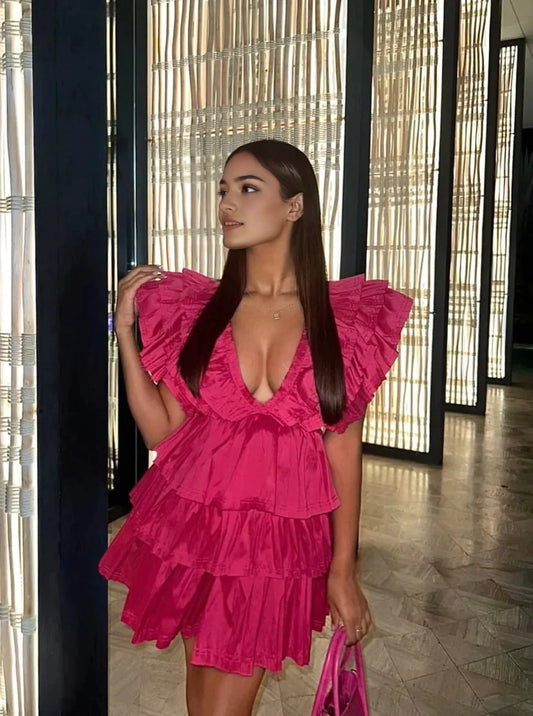 Chic A-Line V-Neck Cap Sleeves Ruffled Tiered Short Party Homecoming Dress