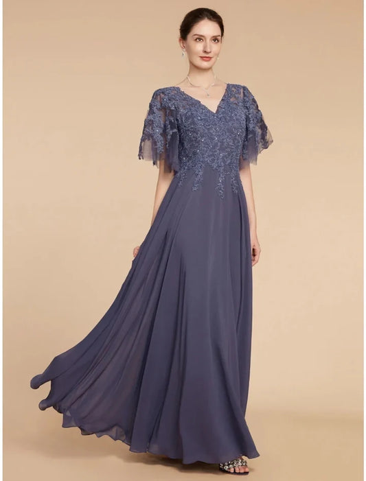Chic A-Line V-Neck Short Sleeve Lace Applique Chiffon Floor-Length Mother of the Bride Dress