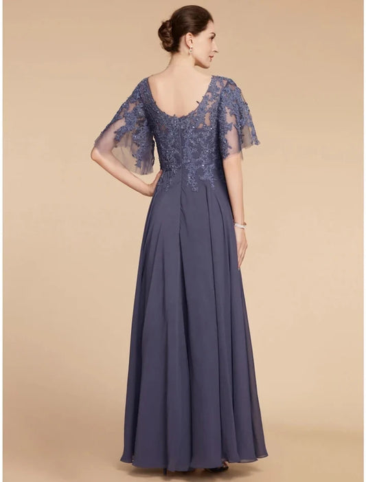 Chic A-Line V-Neck Short Sleeve Lace Applique Chiffon Floor-Length Mother of the Bride Dress