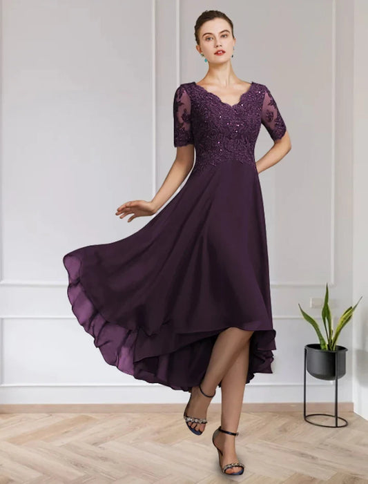 Chic A-Line V-Neck Short Sleeve Sequin Lace Chiffon High-Low Mother of the Bride Dress