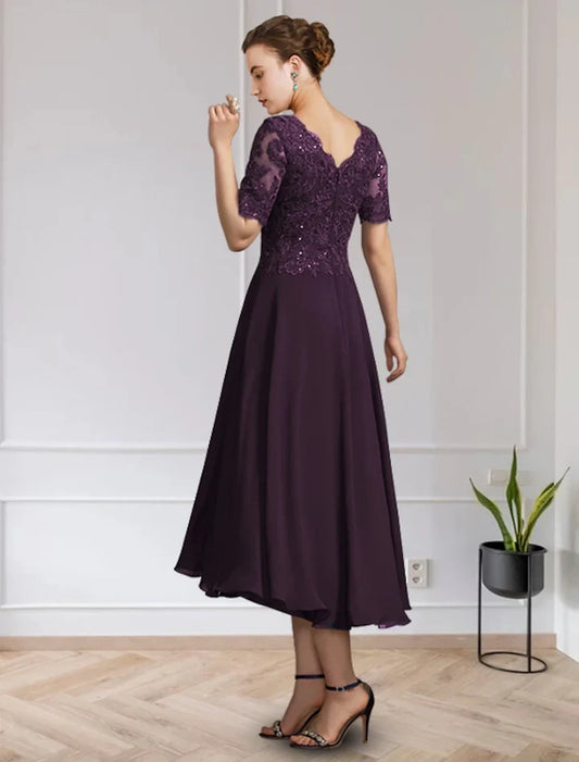Chic A-Line V-Neck Short Sleeve Sequin Lace Chiffon High-Low Mother of the Bride Dress