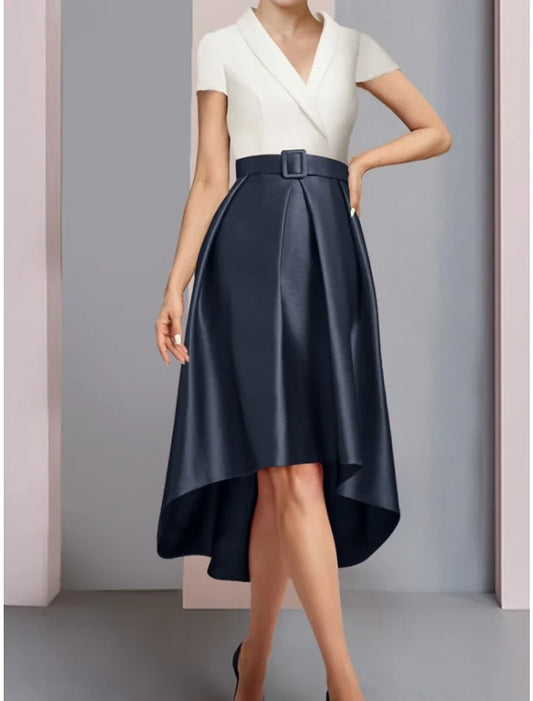 Chic A-Line V-Neck Short Sleeve Two-Tone Belted Satin High Low Mother of the Bride Dress