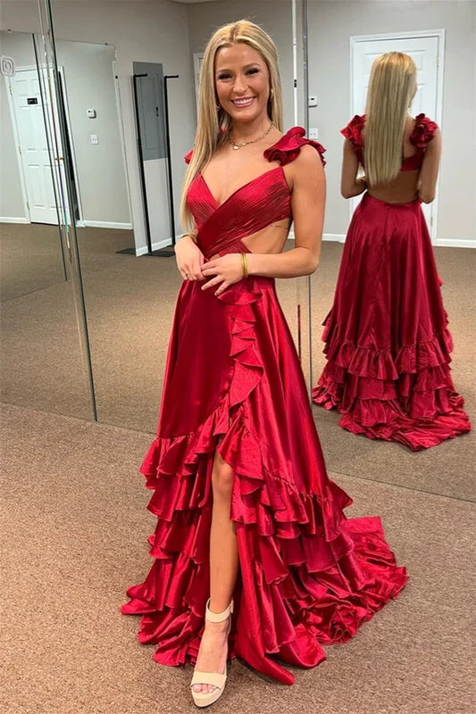 Chic A-Line V-Neck Sleeveless Ruffled Tiered Satin Floor-Length Prom Dress