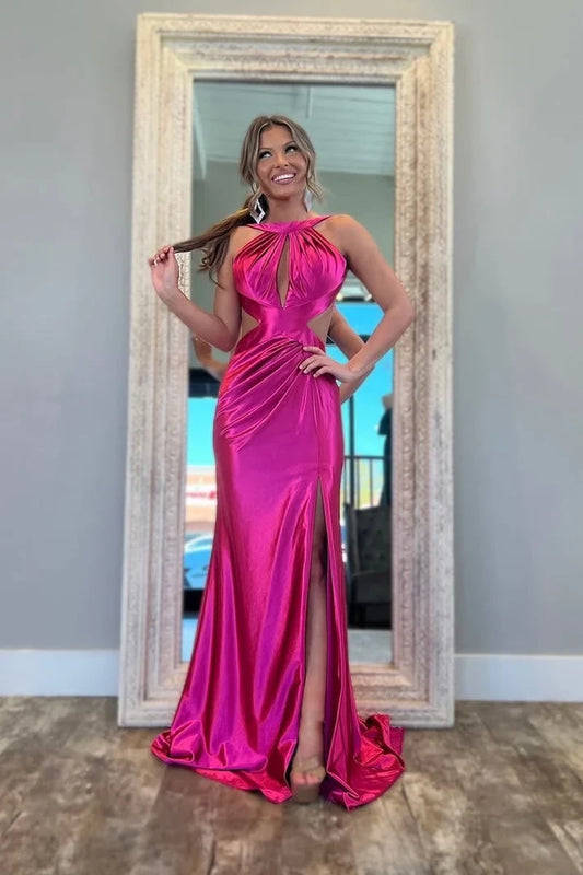 Chic Mermaid Sleeveless Cutout Ruched Slit Satin Fuchsia Floor-Length Party Dress