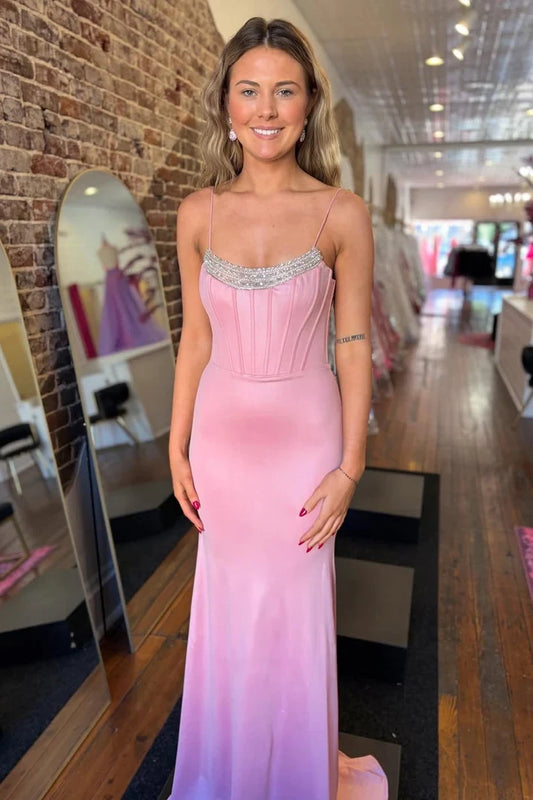 Chic Mermaid Spaghetti Straps Sleeveless Beaded Corset Floor-Length Prom Dress
