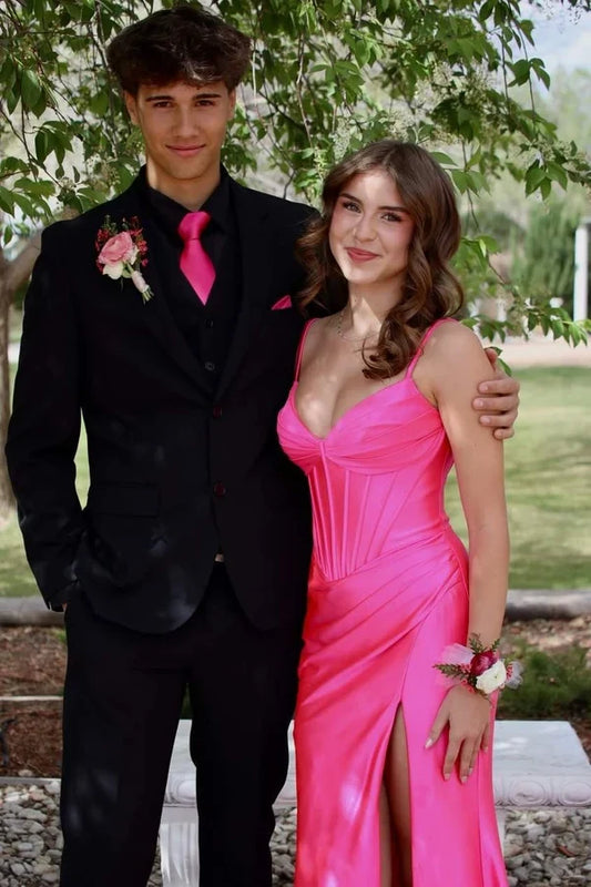 Chic Mermaid Spaghetti Straps Sleeveless Corset Bodice High Slit Draped Satin Long Prom Dress