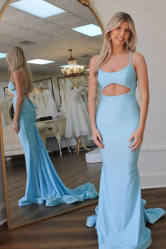 Chic Mermaid Spaghetti Straps Sleeveless Cutout Backless Ruched Sky Blue Floor-Length Prom Dress