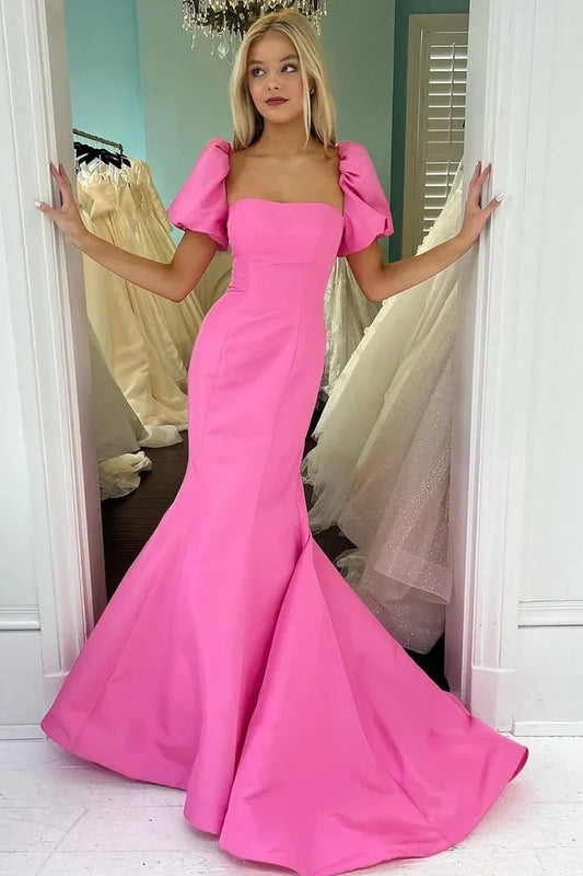 Chic Mermaid Square Neck Puff Short Sleeve Modern Floor-Length Prom Dress