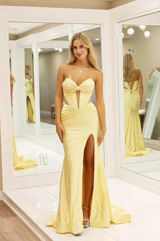 Chic Mermaid Sweetheart Sleeveless Corset Bodice Slit Satin Floor-Length Prom Dress