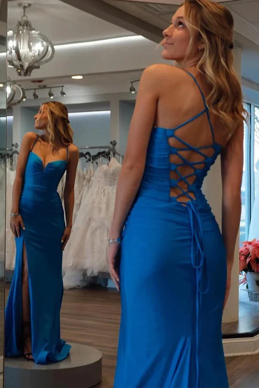 Chic Mermaid Sweetheart Sleeveless High Slit Lace-Up Royal Blue Floor-Length Evening Dress