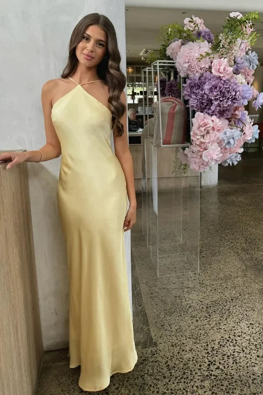 Chic Sheath Halter Neck Sleeveless Open Back Yellow Satin Party Dress