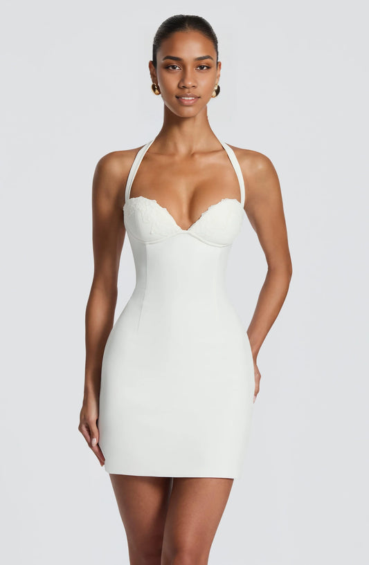 Chic Sheath Halter Sleeveless Lace Bust Corset Back White Short Party Dress