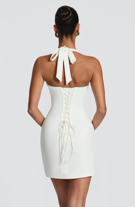 Chic Sheath Halter Sleeveless Lace Bust Corset Back White Short Party Dress