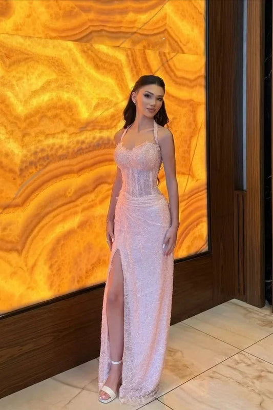 Chic Sheath Halter Sweetheart Sleeveless High Slit Blushing Pink Floor-Length Prom Dress