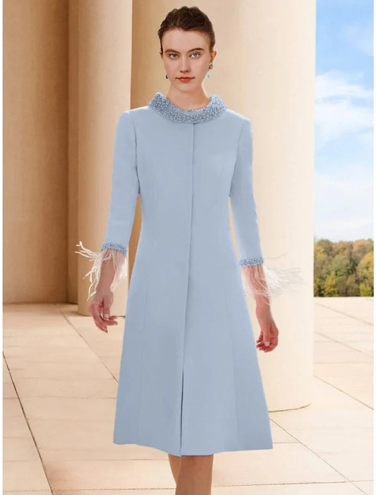 Chic Sheath High Neck Cap Sleeve Beaded Sky Blue Knee-Length Mother of the Bride Dress