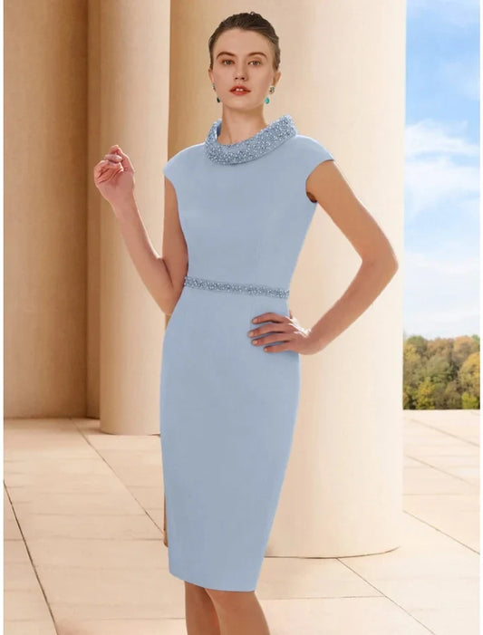 Chic Sheath High Neck Cap Sleeve Beaded Sky Blue Knee-Length Mother of the Bride Dress