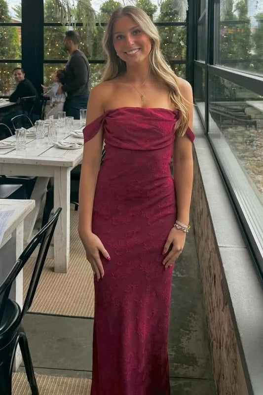 Chic Sheath Off-the-Shoulder Draped Lace Floor-Length Evening Party Dress
