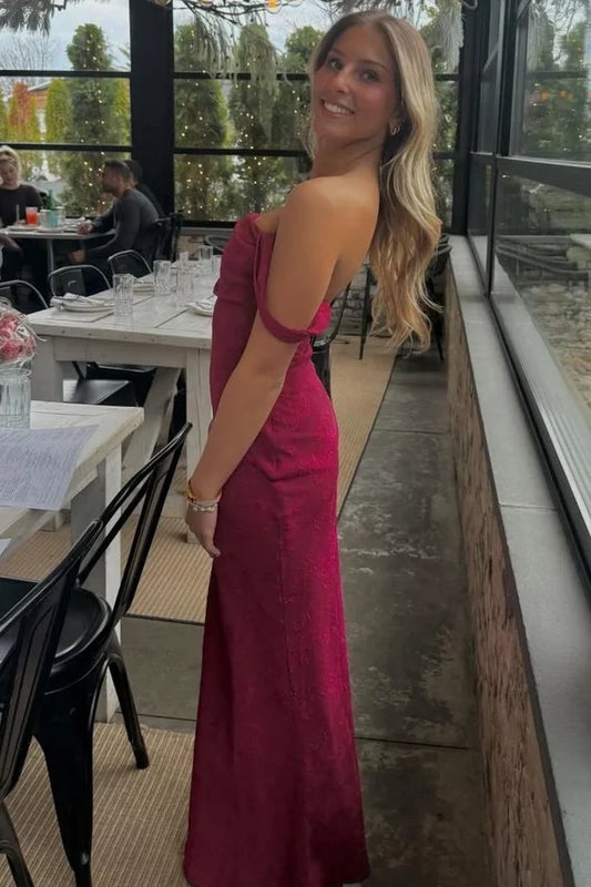 Chic Sheath Off-the-Shoulder Draped Lace Floor-Length Evening Party Dress