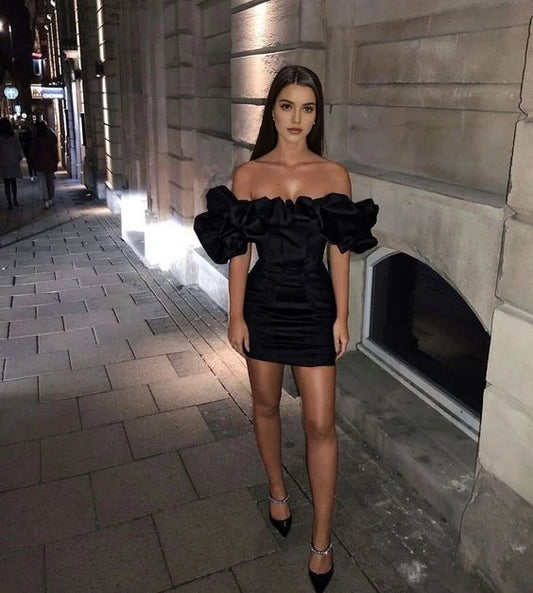 Chic Sheath Off-the-Shoulder Puff Sleeves Ruffled Black Short Homecoming Party Dress