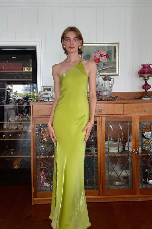 Chic Sheath One-Shoulder Sleeveless High Slit Backless Satin Floor-Length Party Dress