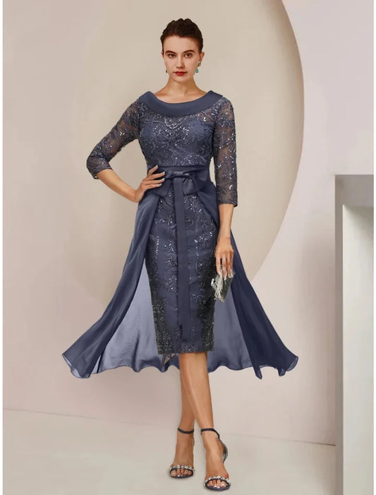 Chic Sheath Scoop 3/4 Sleeve Embellished Chiffon Knee-Length Mother of the Bride Dress