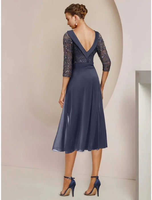 Chic Sheath Scoop 3/4 Sleeve Embellished Chiffon Knee-Length Mother of the Bride Dress